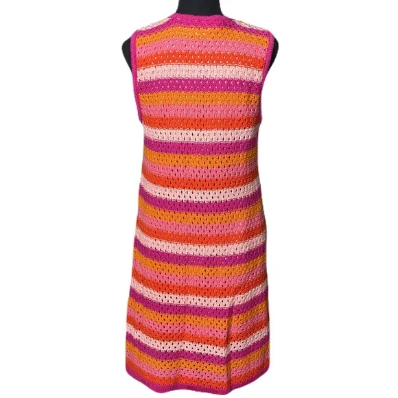 Free Assembly Striped Pink & Orange Sleeveless Crochet Mini Dress Women’s Medium - Picture 6 of 10